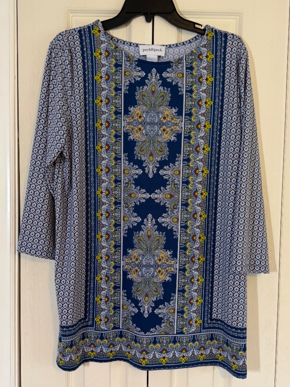 Peck &Peck Paisley Print Tunic Top Large, Navy, Blue, Green Yellow ¾ Sleeves